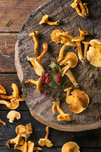 High angle view of dry mushrooms on table