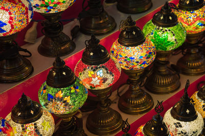 High angle view of multi colored bottles