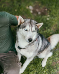 Portrait of man holding dog on field