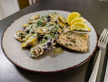 High angle view of food in plate on table