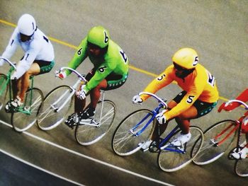 High angle view of bicycles on bicycle