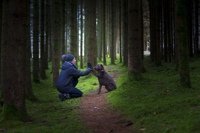 Side view of mature woman playing with dog in forest