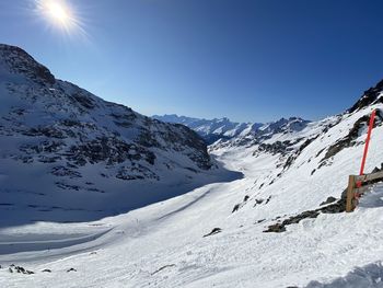 Scenic view of snow covered mountains against clear sky