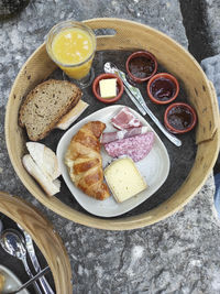High angle view of breakfast served on table