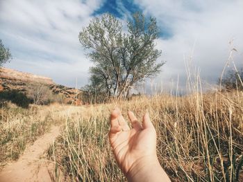 Human hand pointing at countryside landscape against cloudy sky