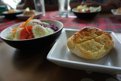 High angle view of breakfast served on table