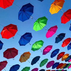 Low angle view of wet umbrella against clear blue sky