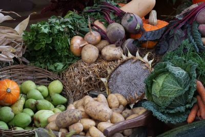 High angle view of pumpkins in basket