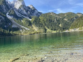 Scenic view of lake and mountains against sky