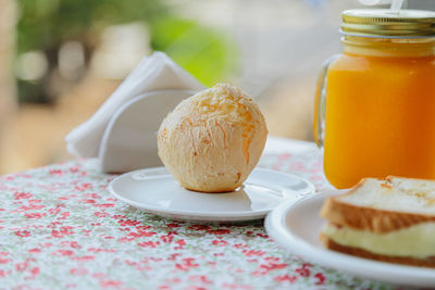 Close-up of breakfast served on table