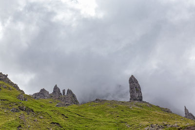 Low angle view of mountain against cloudy sky