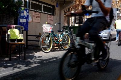 Bicycles parked on road