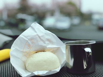 Close-up of ice cream served on table