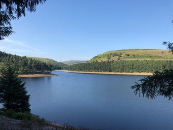 Scenic view of lake against clear blue sky