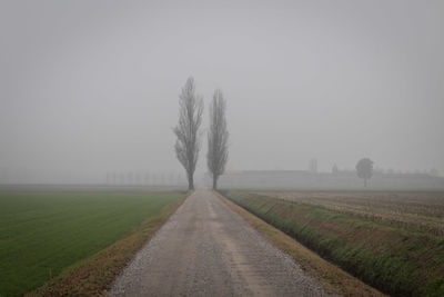 Road amidst field against sky during foggy weather
