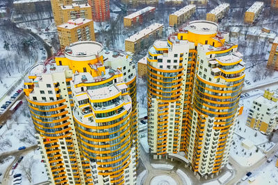 High angle view of construction site in city during winter