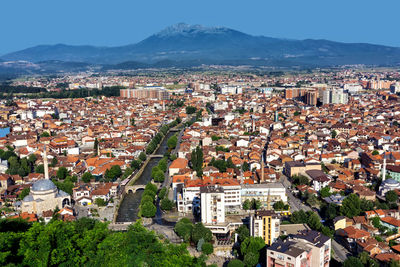 High angle shot of townscape against sky