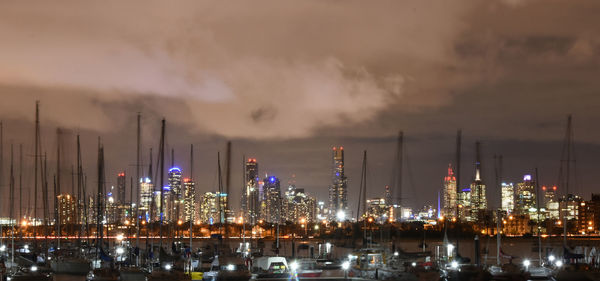 Panoramic view of illuminated buildings against sky at night