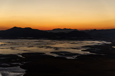 Scenic view of beach against sky during sunset