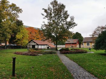 Houses by trees against sky