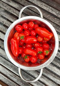 High angle view of tomatoes in bowl on table