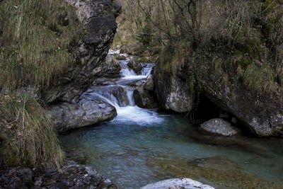 Stream flowing through rocks in forest