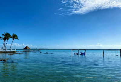 Scenic view of sea against blue sky