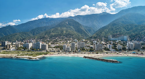 Aerial panoramic view of caraballeda de la costa coastline caribbean beach, vargas state. venezuela.