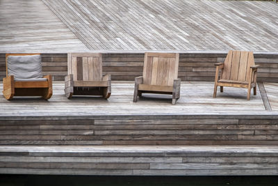 High angle view of wooden bench