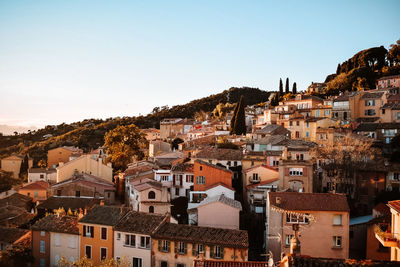 High angle view of townscape against clear sky