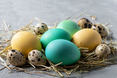 Close-up of easter eggs on table