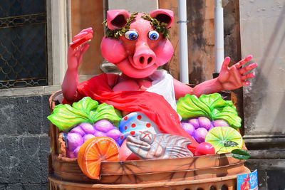 High angle view of stuffed toy in basket