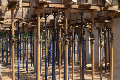 Row of adjustable iron pillars for concreting works in building construction