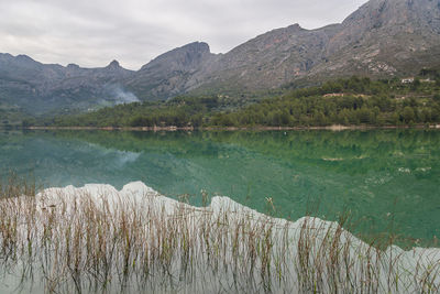 Scenic view of lake by mountains against sky