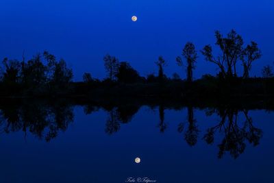 Reflection of silhouette trees against blue sky at night