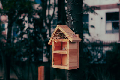 Close-up of birdhouse on tree against building