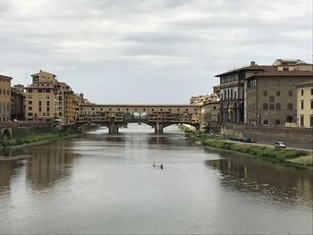 Arch bridge over river against buildings in city