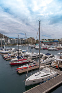 Boats moored at harbor