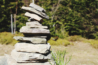 Close-up of stone stack on rock