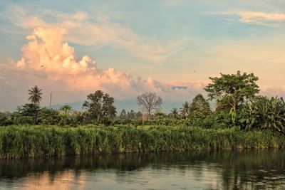 Scenic view of lake against sky during sunset