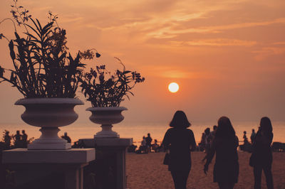 Silhouette people by plants against orange sky during sunset