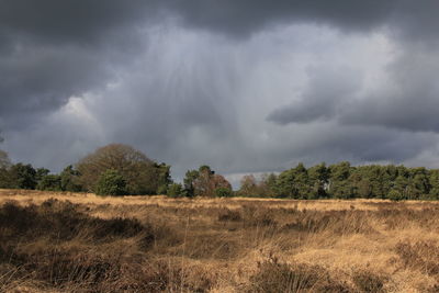 Scenic view of field against storm clouds