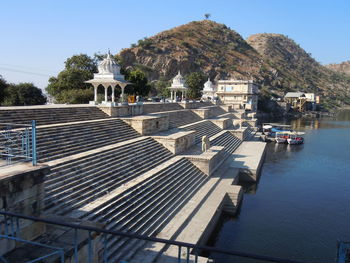 View of townscape against clear blue sky