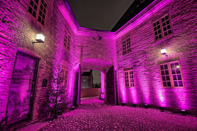 Illuminated alley amidst buildings at night