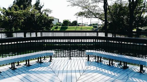 Swimming pool by trees against sky