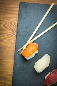 High angle view of sushi on table