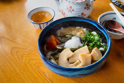 High angle view of soup in bowl on table