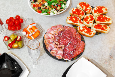 High angle view of chopped fruits on table