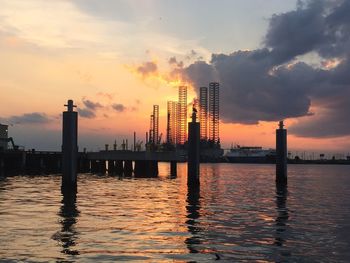 Silhouette of cranes at sunset