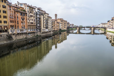 Arch bridge over river by buildings against sky in city